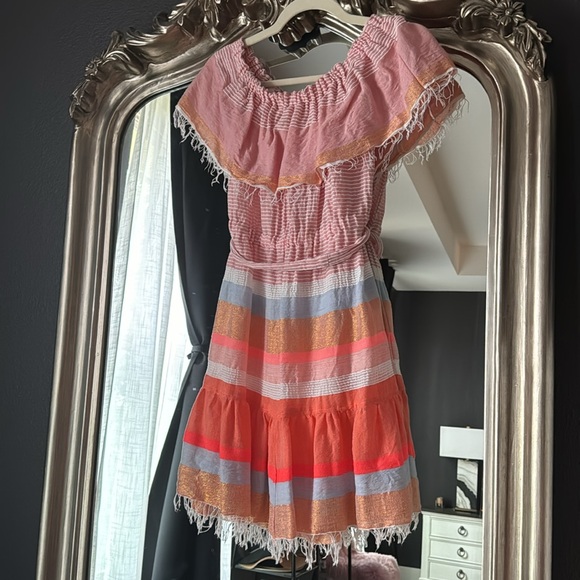 Lemlem Off-the-shoulder Striped Pink White Orange Blue Mini Dress XS - Picture 2 of 6